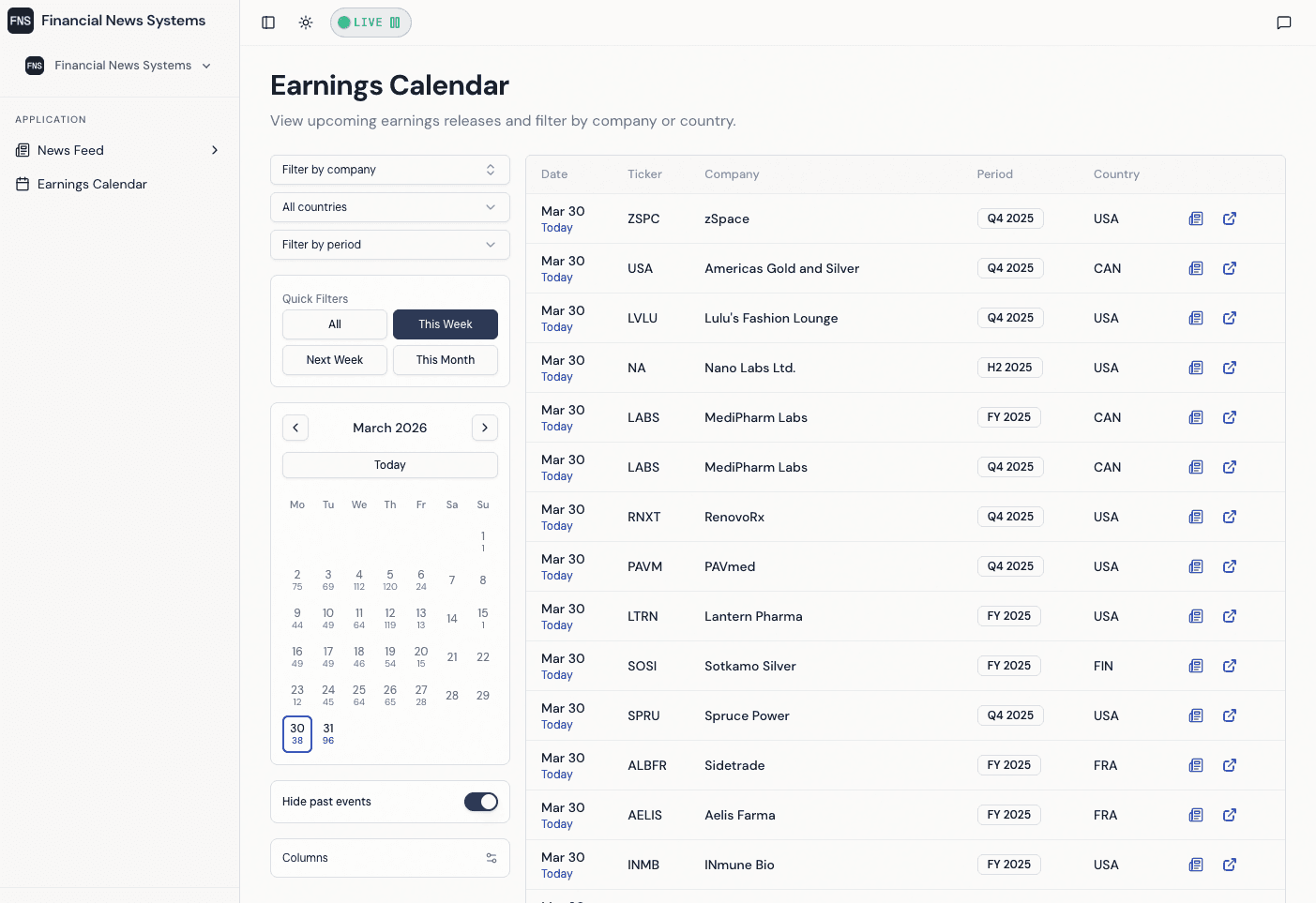 FNS Earnings Calendar